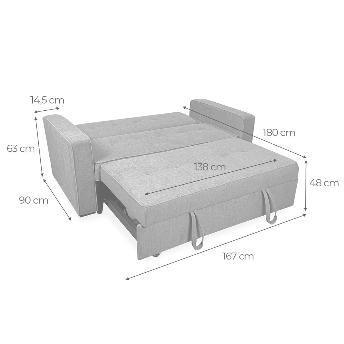 Sofa dwuosobowa rozkładana model Vienna z podłokietnikami, szara, nowoczesna, praktyczna i funkcjonalna