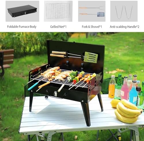 Przenośny grill węglowy ze stali nierdzewnej, składany grill na świeżym powietrzu z haczykami narzędziowymi na kemping, piknik, ogród, imprezę, podróż, idealny do gotowania na świeżym powietrzu