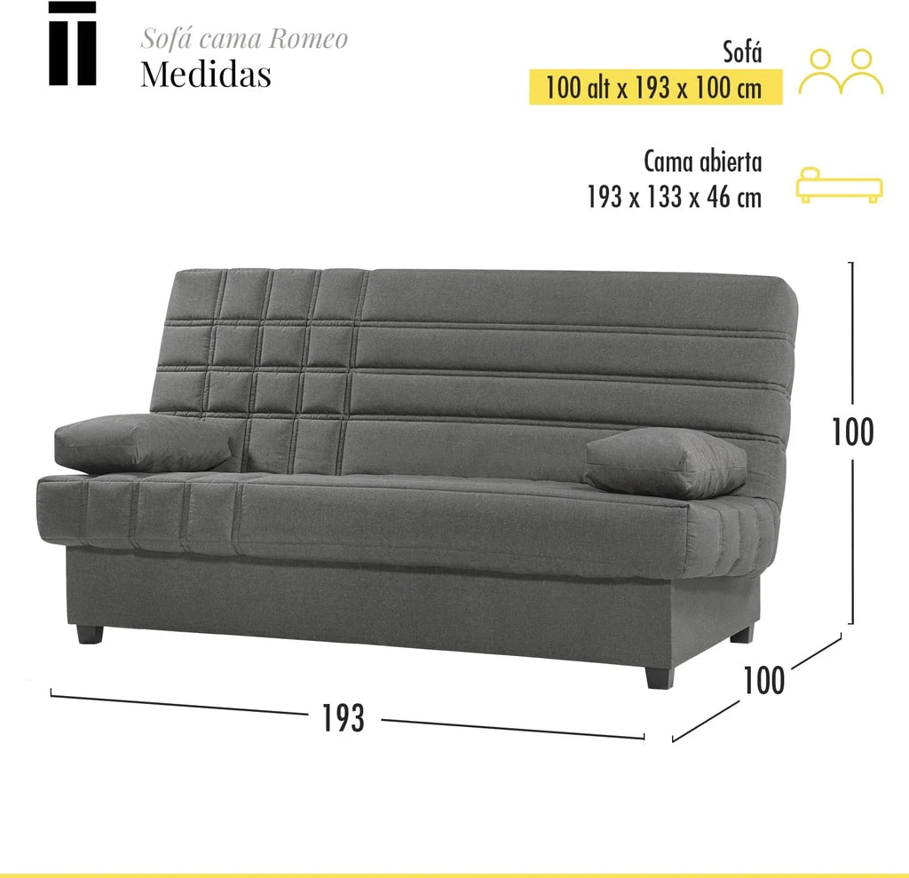 SHIITO - Sofa rozkładana 3-osobowa z pojemnikiem na pościel - 100 x 193 x 100 cm - Model Romeo - z mechanizmem klik-klak - W zestawie 2 poduszki - Kolor ciemnoszary