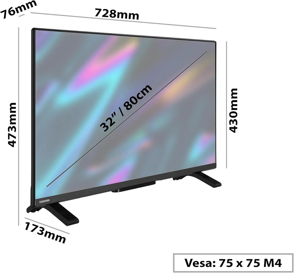 TOSHIBA 32WV2E63DG Smart TV 32" z rozdzielczością HD HDR10, kompatybilny z asystentami głosowymi Alexa i Google, TV Satelitarna, Bluetooth, Dolby Audio