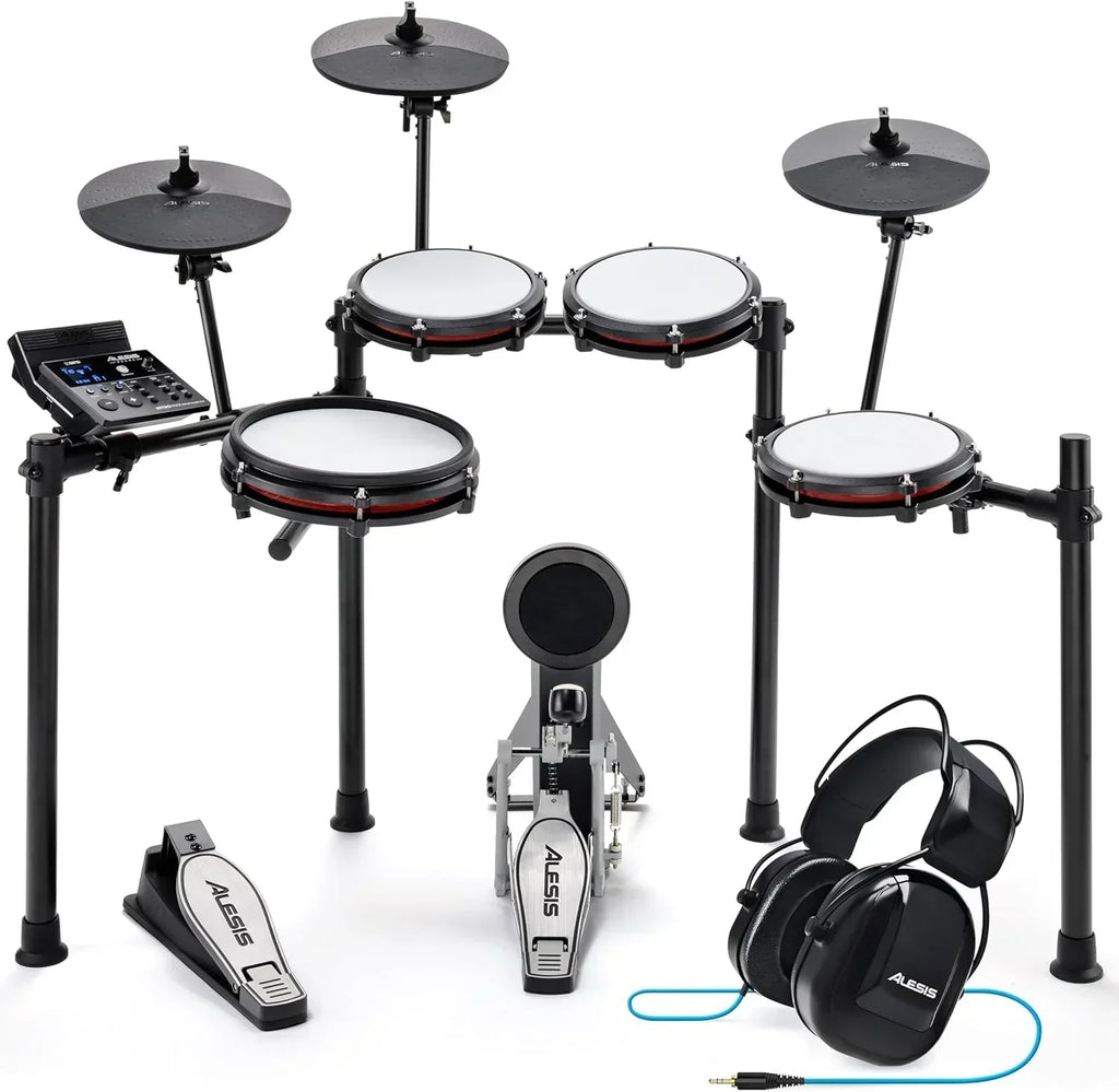 Alesis Nitro Max Kit - Kompaktowy elektroniczny zestaw perkusyjny z cichymi naciągami siatkowymi, dwustrefowym padem werbla 10", Bluetooth, +440 brzmień BFD, Drumeo, USB MIDI, pedałem stopy