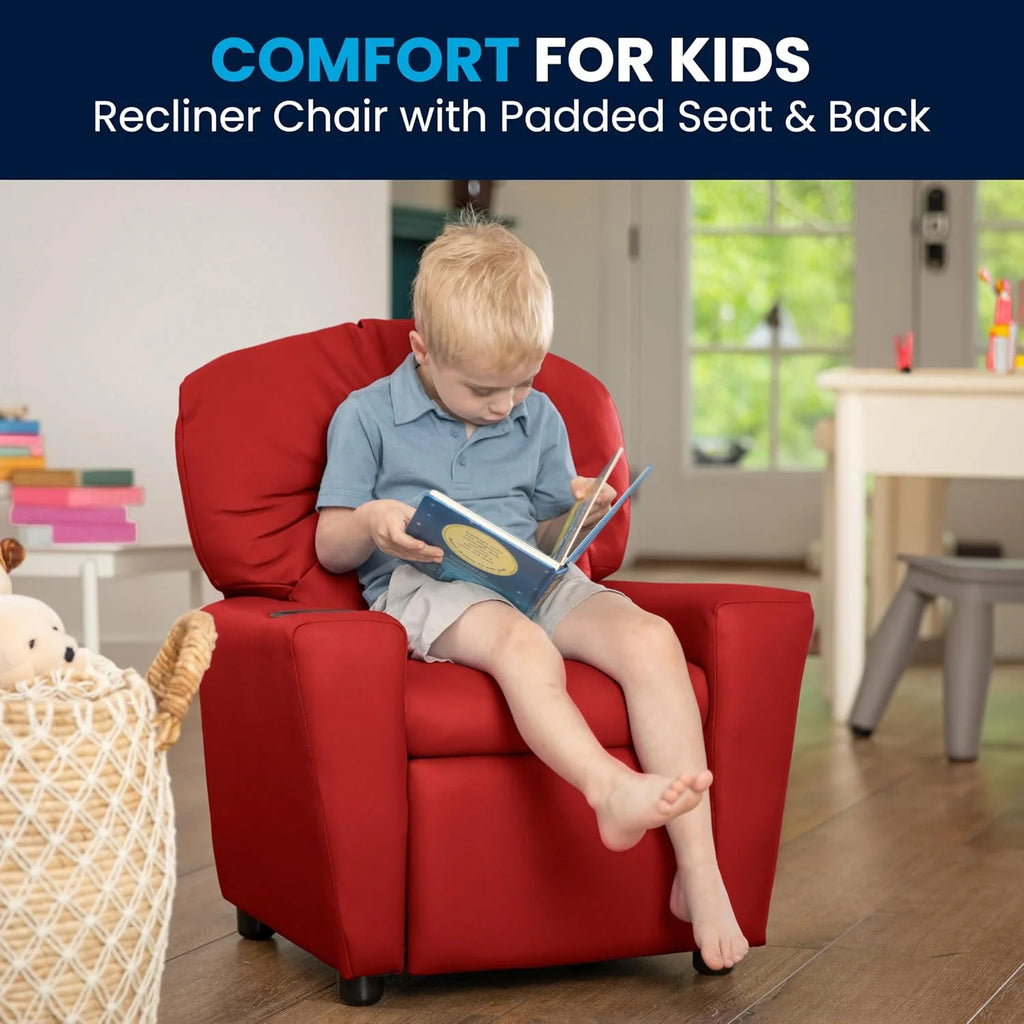 Flash Furniture Contemporary Kids Recliner with Cup Holder, Wood, Beige Vinyl, 26" x 21" x 21"