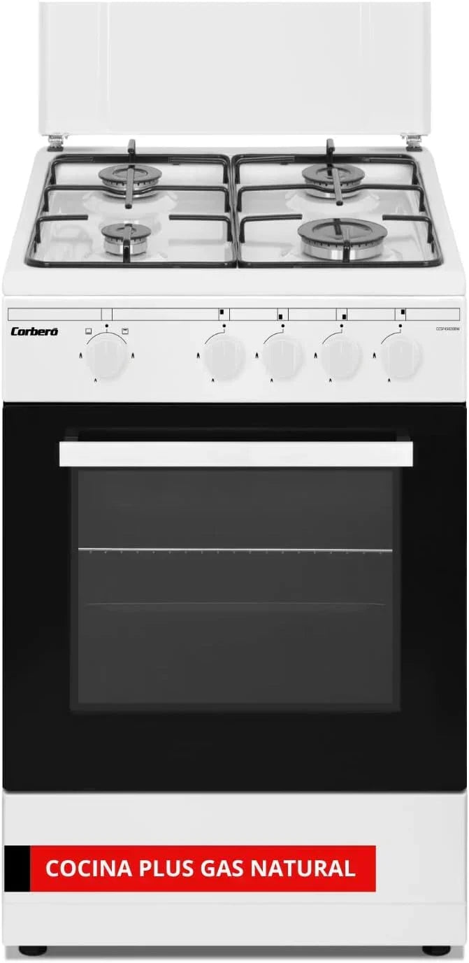 Corberó – Kuchnia gazowa na butan Plus | 50 cm | CCSF45020BX | 4 palniki | Piekarnik 43L z podwójnymi szklanymi drzwiami | Metalowa pokrywa | Chromowana taca i grill | Automatyczne wyłączanie bezpieczeństwa | Stal nierdzewna