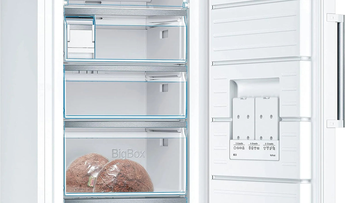 Bosch GSN51AWCV Seria 6 - Zamrażarka wolnostojąca, 161 x 70 cm, 175 kWh rocznie, biała, 290 L, rozmiar XXL, oświetlenie LED, VarioZone, NoFrost