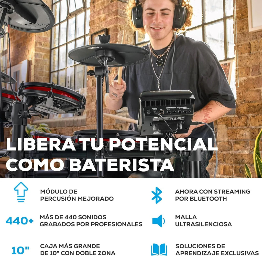 Alesis Nitro Max Kit – Elektroniczna perkusja z cichymi naciągami siateczkowymi, dwustrefowym padem werbla 10", Bluetooth, 440+ autentycznych brzmień, lekcjami Drumeo, USB MIDI, pedałem stopy