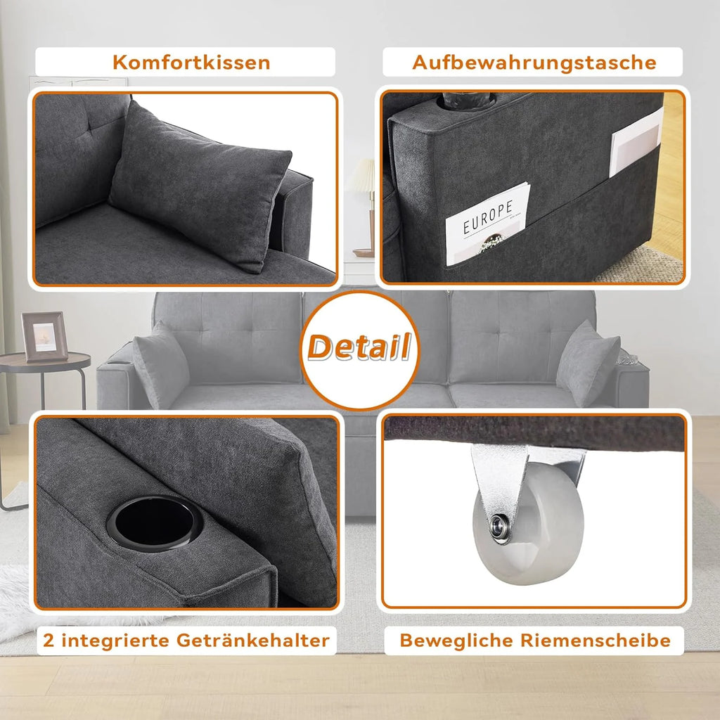 Trzyosobowa rozkładana sofa z uchwytami na kubki i boczną torbą na poręcz, sofa w kształcie litery L, z możliwością zmiany układu na prawą i lewą stronę, kolor szary