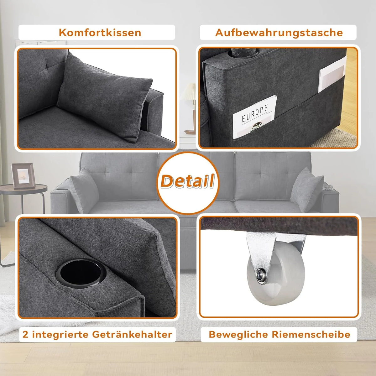 Trzyosobowa rozkładana sofa z uchwytami na kubki i boczną torbą na poręcz, sofa w kształcie litery L, z możliwością zmiany układu na prawą i lewą stronę, kolor szary