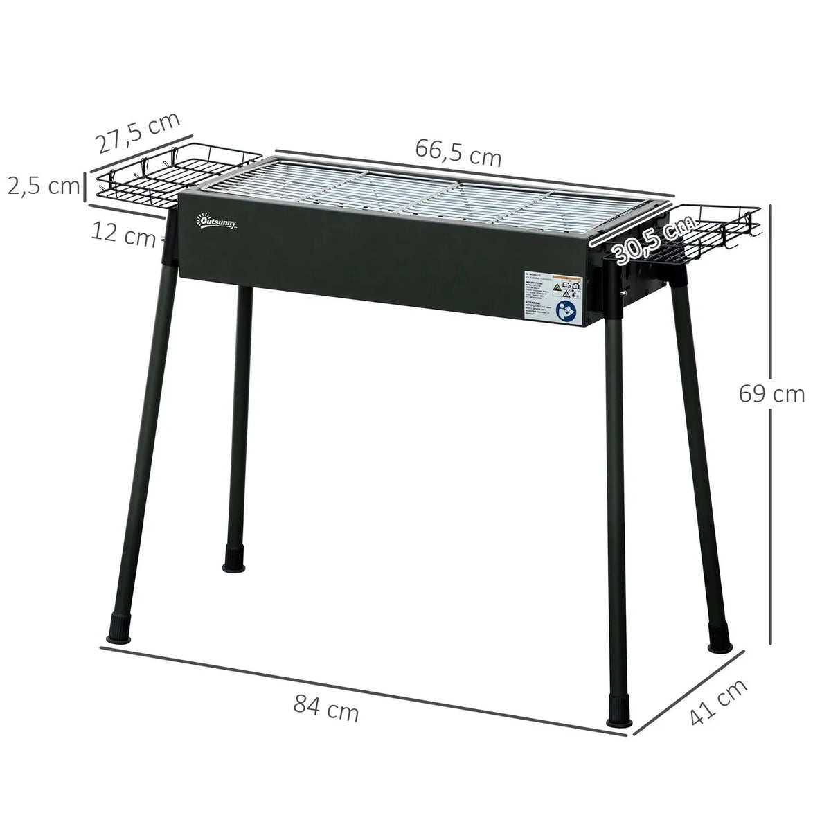Grill węglowy Outsunny ze stali nierdzewnej, metalowy, 77x30x70 cm, czarny