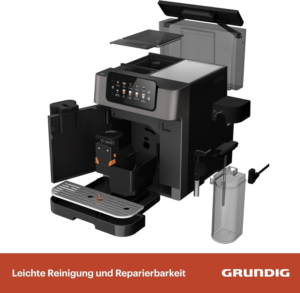 Grundig KVA 7230 ekspres do kawy, 10 specjałów do kawy, 13 stopni mielenia, pojemnik na mleko, wydajny 1350 W, ciśnienie pompy 19 bar, podwójna dysza, oświetlenie, czarny/ciemny srebrny