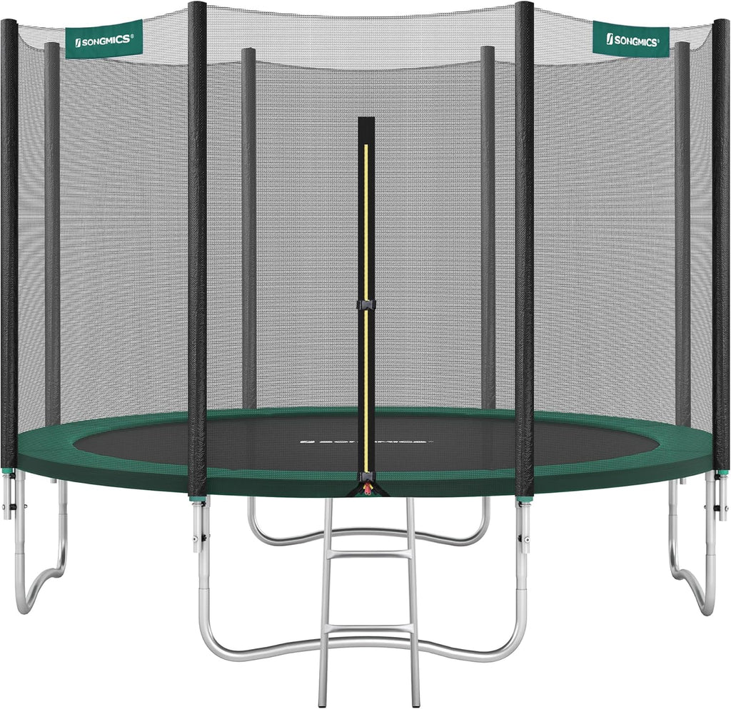 SONGMICS – Trampolina Ogrodowa dla Dzieci, Średnica 183/244/305/366/427 cm, Zewnętrzna Siatka Zabezpieczająca, Poduszki Ochronne, Drabinka, Prosty Słup o Wysokości 180 cm, Stalowa Rama