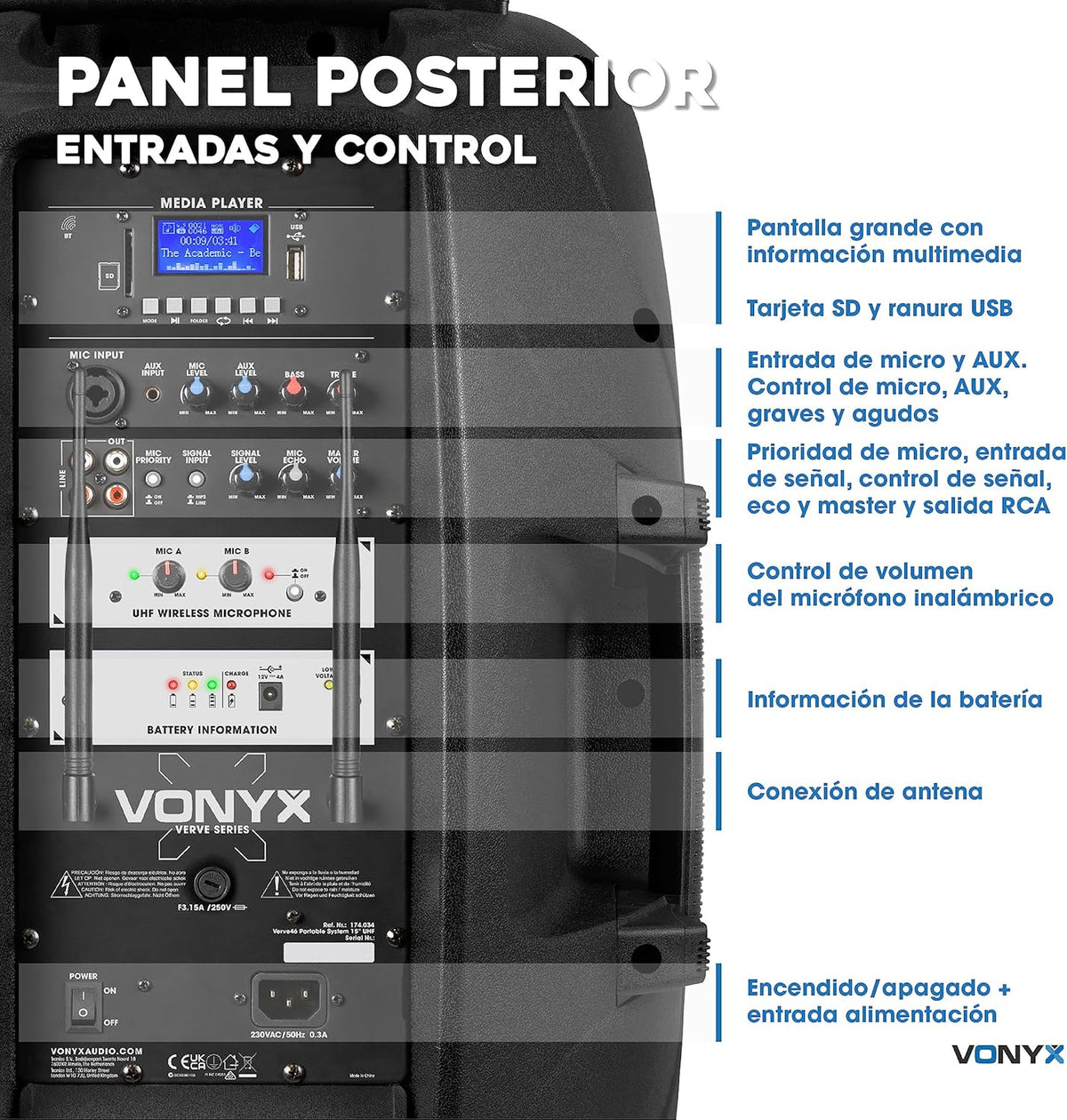 Vonyx Verve46 Mocny Głośnik Bluetooth 1000 W, Przenośny Głośnik Aktywny z Mikrofonem do Karaoke, Głośnik Bluetooth USB, SD, MP3, AUX, 2 Mikrofony UHF, Pilot, Subwoofer 15 Cali, Czarny