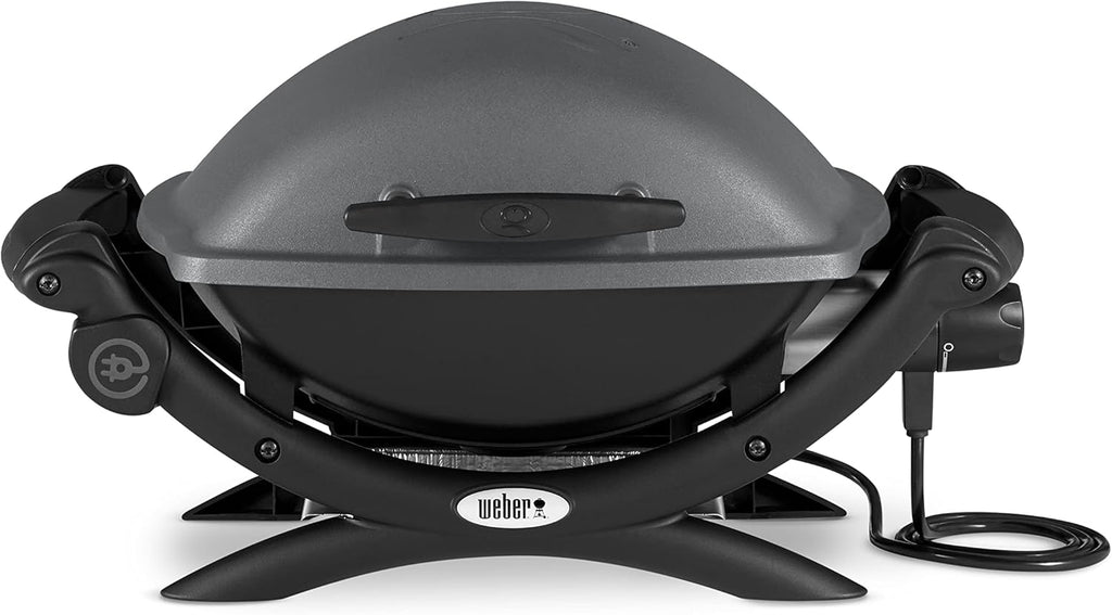 Weber Q1400 Elektryczny Grill, powierzchnia grillowania 43 x 32 cm, przenośny BBQ Grill,2-częściowy żeliwny ruszt pokryty emalią porcelanową, pokrywa i obudowa aluminiowa - Ciemnoszary (52020079)