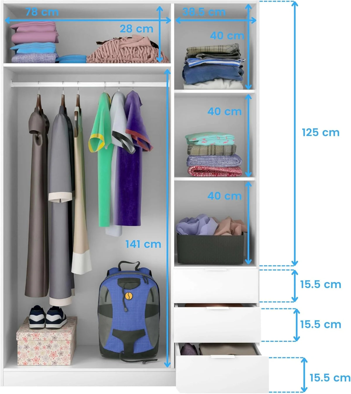 Szafa Habitdesign z trzema drzwiami i trzema szufladami, wykończenie białe arktyczne, wymiary: 121 cm (szer.) x 180 cm (wys.) x 52 cm (gł.)