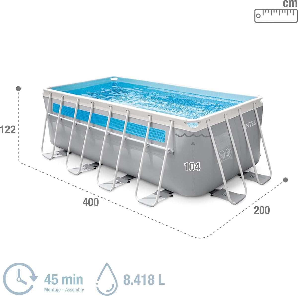 Intex Basen Rozporowy Prostokątny Prism Frame, 400x200x122 cm, Materiał Trójwarstwowy, Pojemność 8.418 L, Okno panoramiczne, Plandeka, Pokrywa, Pompa kartuszowa, Drabinka (56029)