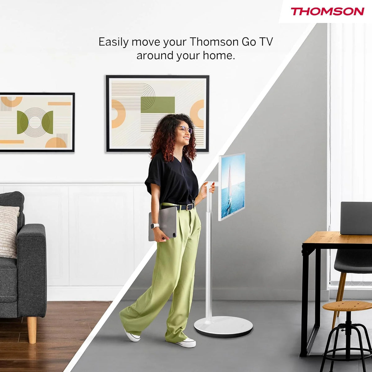 THOMSON 32 cale (81 cm) Go TV, przenośny telewizor Android – HD Ready (1366x768), sterowanie głosowe, Bluetooth 5.1, Wi-Fi, funkcja punktu dostępowego, do 4 godzin pracy na baterii – 32HA4M44