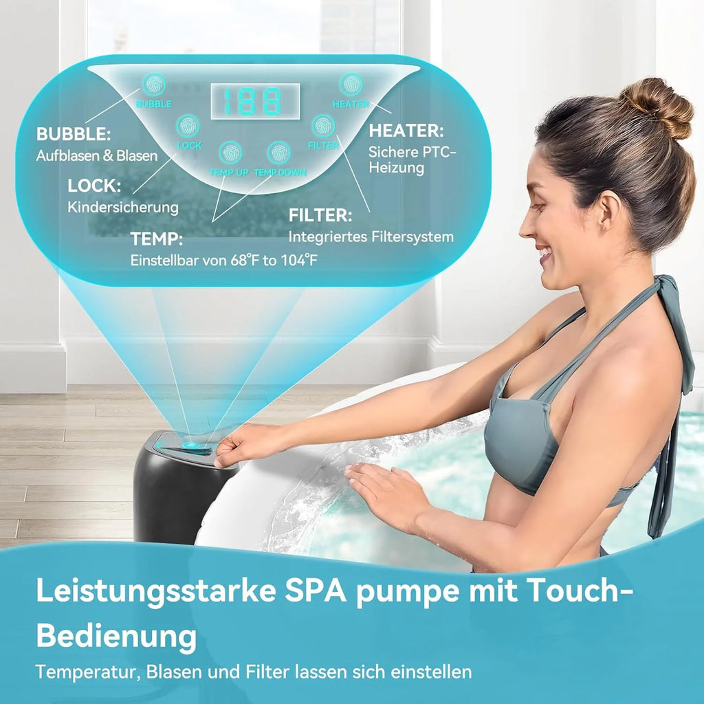 Dmuchane jacuzzi dla 4 osób, 2400 W do użytku wewnątrz/na zewnątrz, zimowy basen spa ze 120 dyszami powietrznymi, zabezpieczenie przed mrozem, 799 litrów, szczelne, energooszczędne