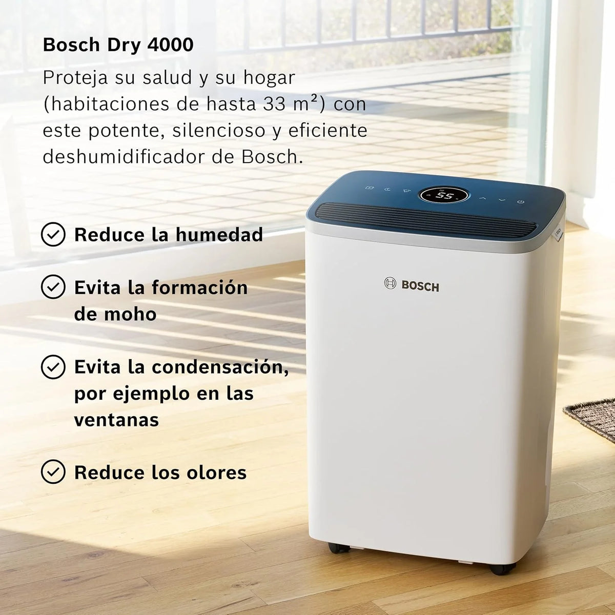 Osuszacz powietrza Bosch Dry 4000 – łatwy. wydajny. cichy. Do domu i sypialni – do pomieszczeń o powierzchni do 33 m² – szybkie suszenie prania