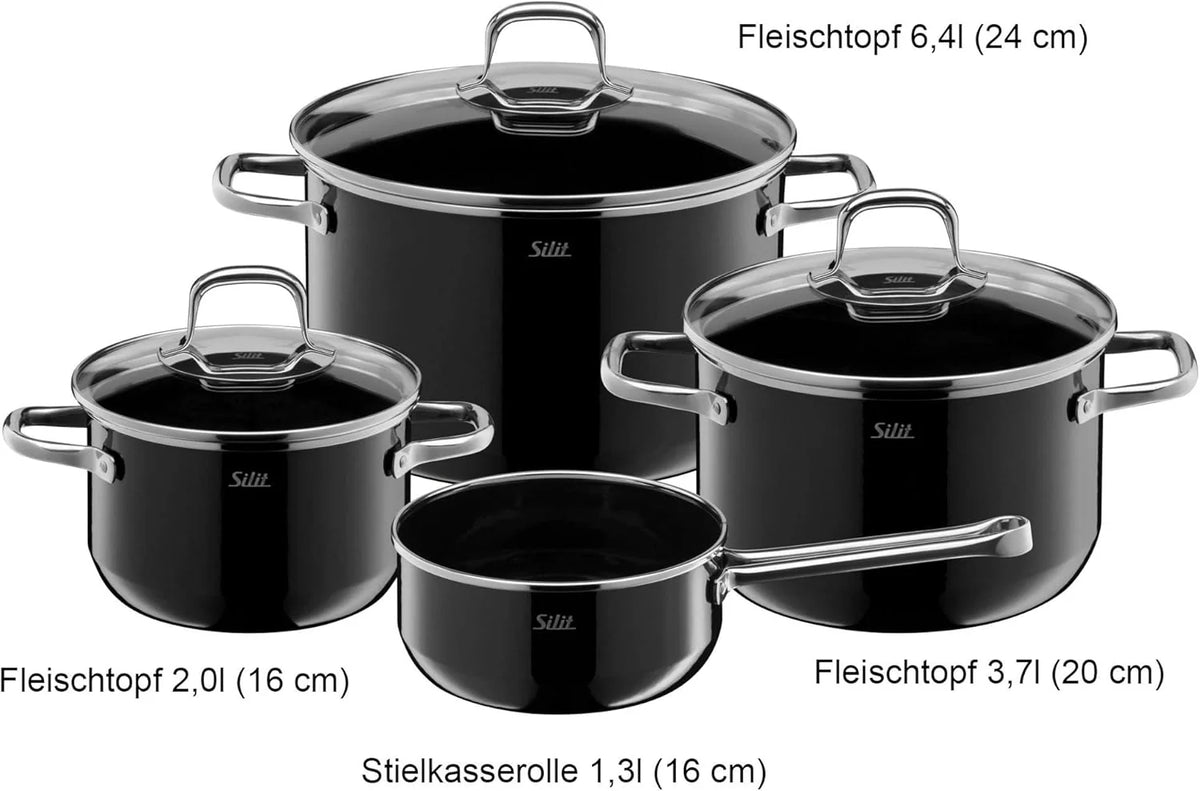 Silit Elegance Zestaw Garnków Indukcyjnych, Stal Nierdzewna 18/8, Przezroczysty/Czarny, 4 Sztuki