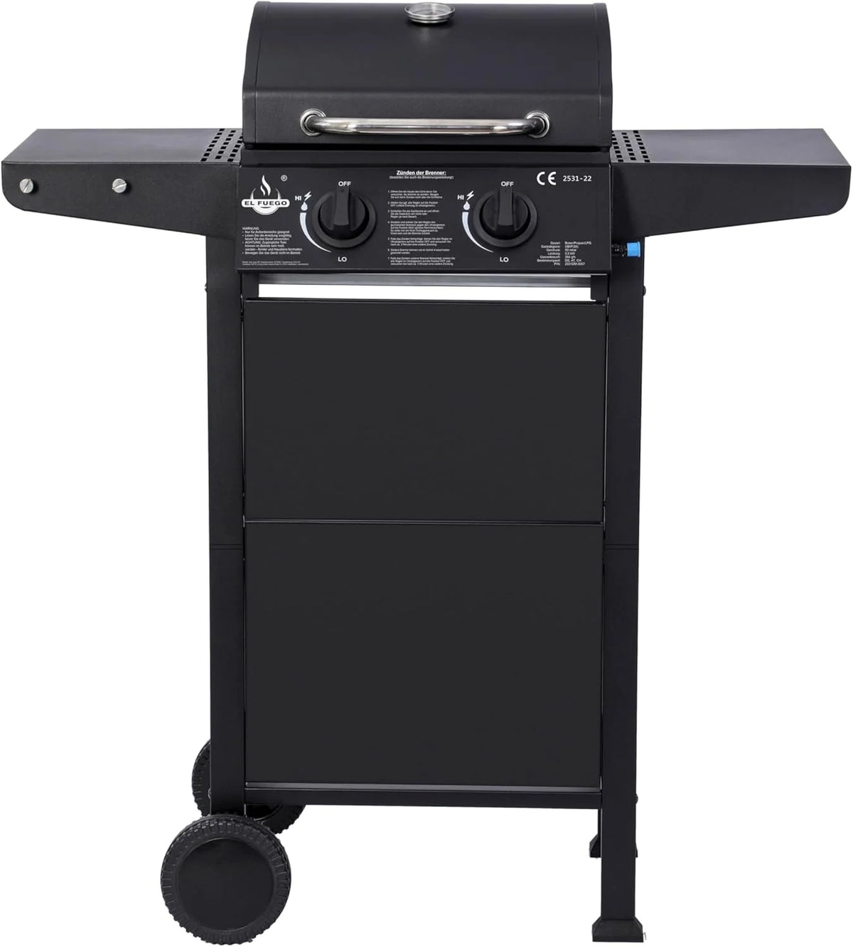 Grill gazowy El Fuego® „San Jose 2 palniki” z wężem gazowym i reduktorem ciśnienia, ruszt żeliwny, z termometrem i dużymi półkami bocznymi, grill BBQ | AY0204