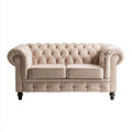 Sofa dwuosobowa Chesterfield z tkaniny beżowej, nogi z drewna bukowego
