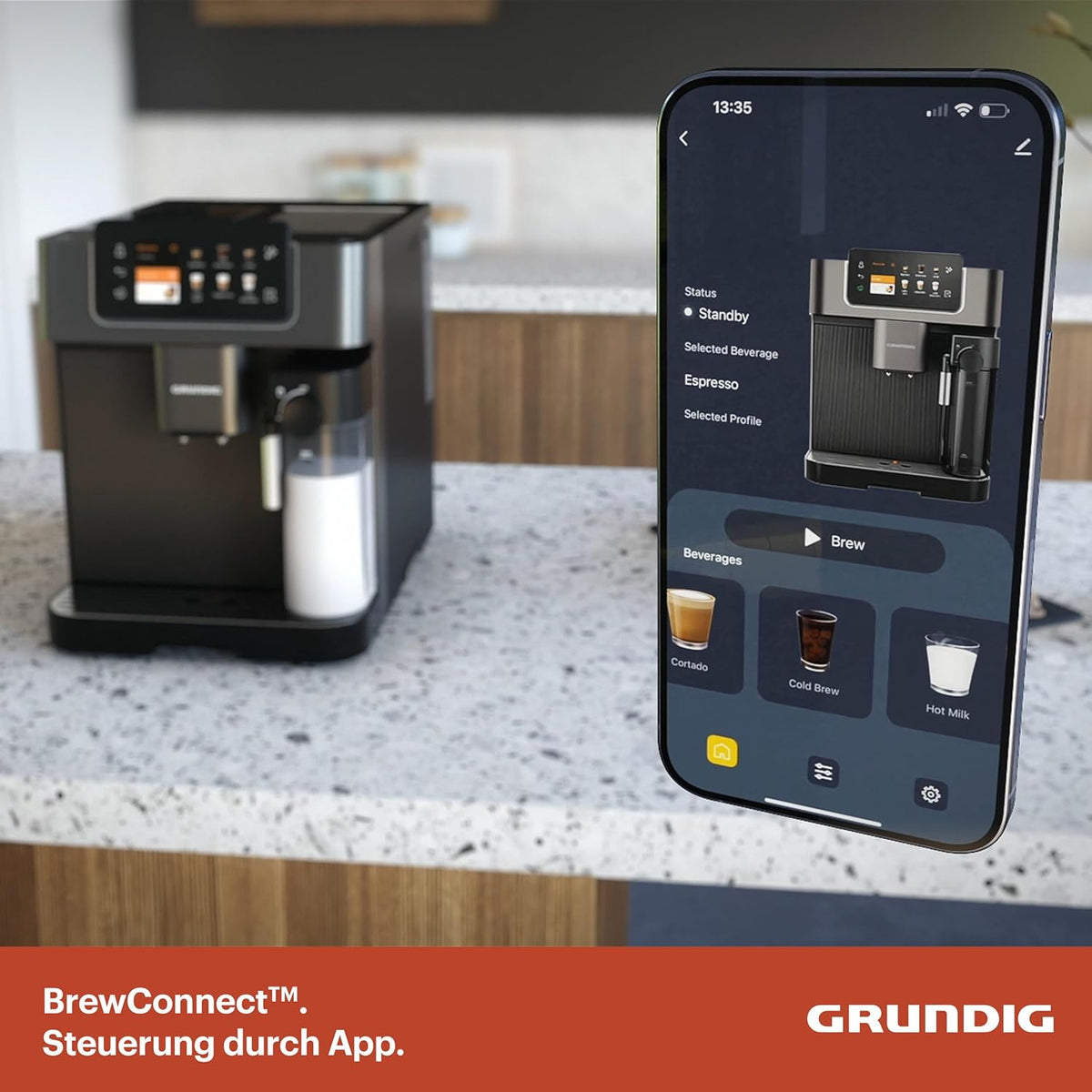 Grundig KVA 7230 ekspres do kawy, 10 specjałów do kawy, 13 stopni mielenia, pojemnik na mleko, wydajny 1350 W, ciśnienie pompy 19 bar, podwójna dysza, oświetlenie, czarny/ciemny srebrny
