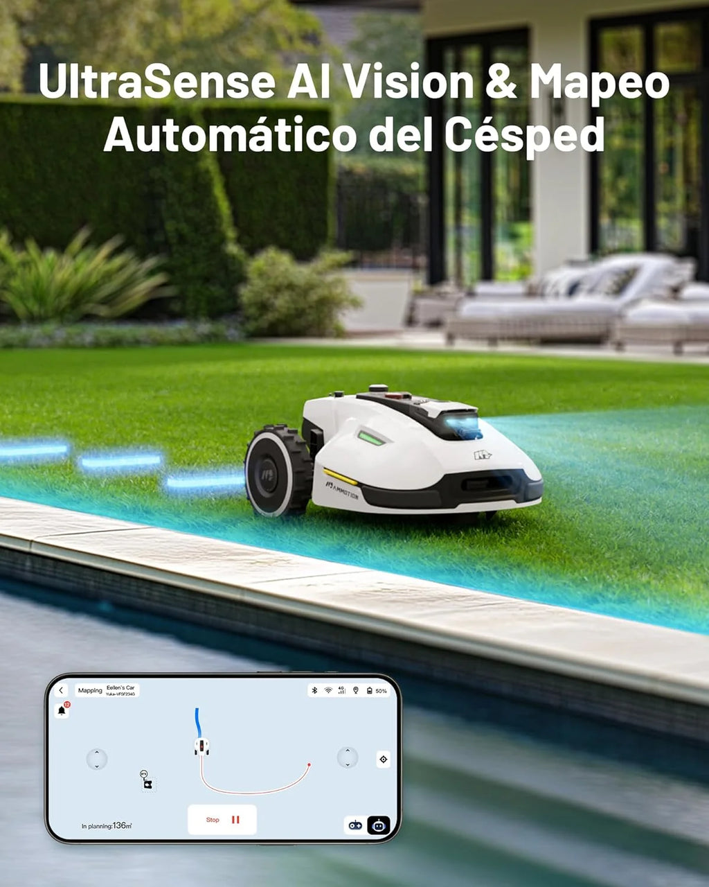 MAMMOTION YUKA 3000 Robot koszący bez przewodu ograniczającego, NetRTK+Vision, bez anteny RTK, automatyczne mapowanie, maks. 4000 m², zalecane 3000 m², z modułem 4G, nachylenie 50%
