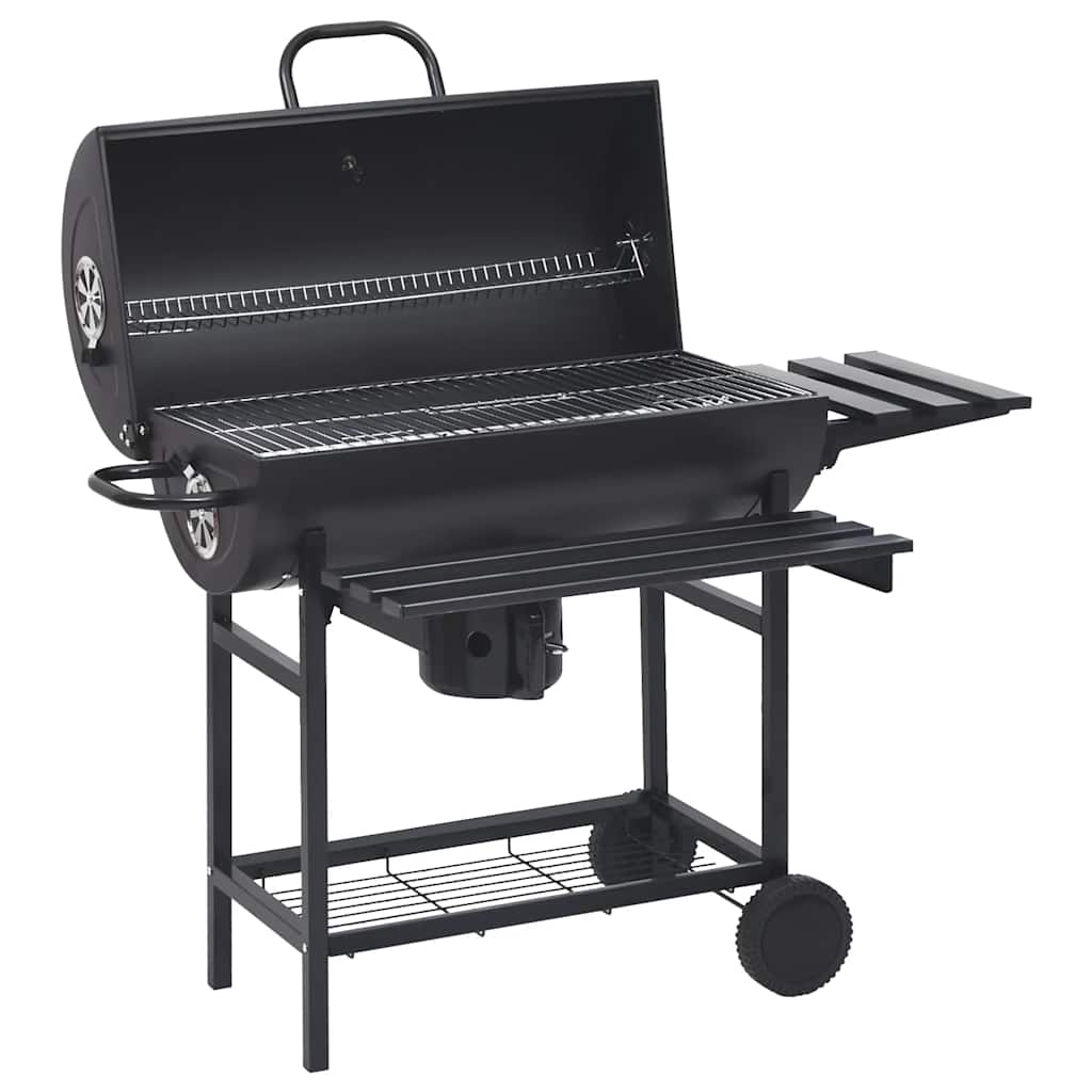 2026 Grill z kółkami i półkami, czarny, stal, 115 x 85 x 95 cm, grill ogrodowy
