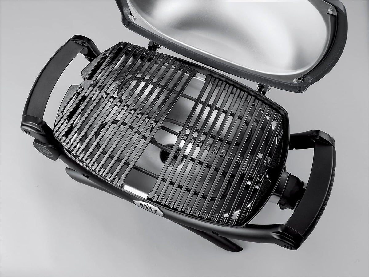 Weber Q1400 Elektryczny Grill, powierzchnia grillowania 43 x 32 cm, przenośny BBQ Grill,2-częściowy żeliwny ruszt pokryty emalią porcelanową, pokrywa i obudowa aluminiowa - Ciemnoszary (52020079)
