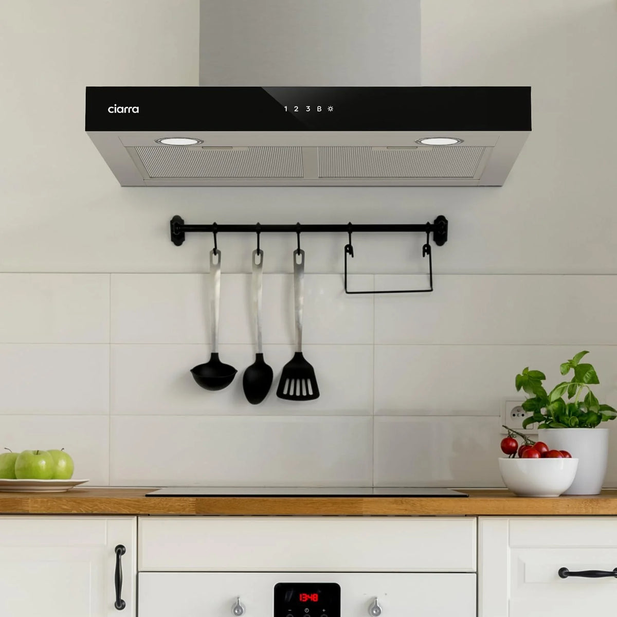 Ciarra CBCS6102 Okap Kuchenny 60cm 650 m³/h - Sterowanie Dotykowe i Wi-Fi - 4 Prędkości - Odsysanie Zewnętrzne i Recyrkulacja Wewnętrzna przez Filtr Węglowy CBCF003 - Stal Nierdzewna