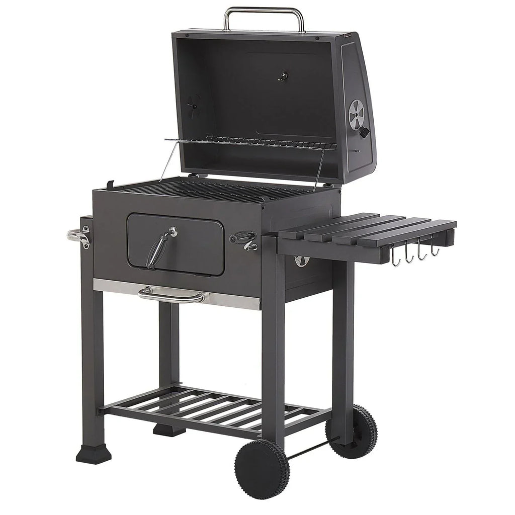 Grill węglowy stalowy szary z pokrywą rusztem kółkami 2 półkami termometrem wyjmowanym popielnikiem ogród Pavlof - szary