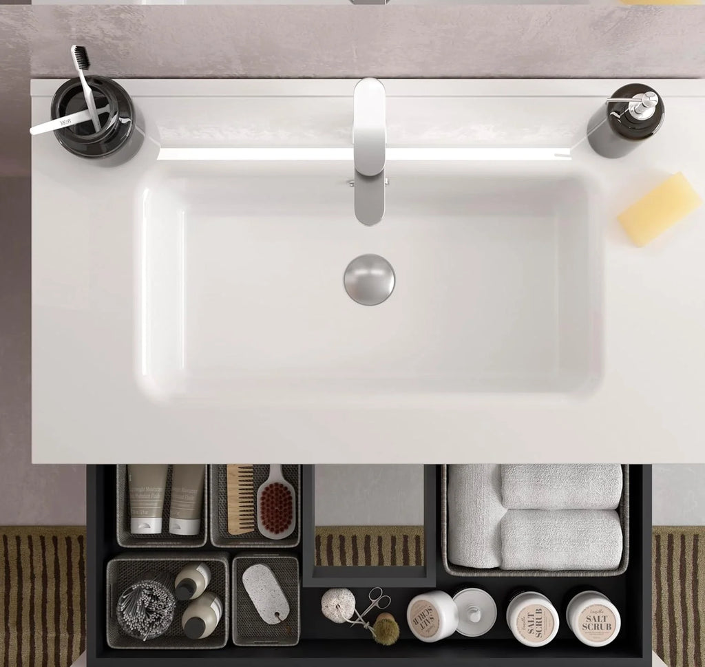 Szafka łazienkowa BEQUIA Plus Metal 3C 90cm Dąb | Umywalka ceramiczna, Bateria po prawej