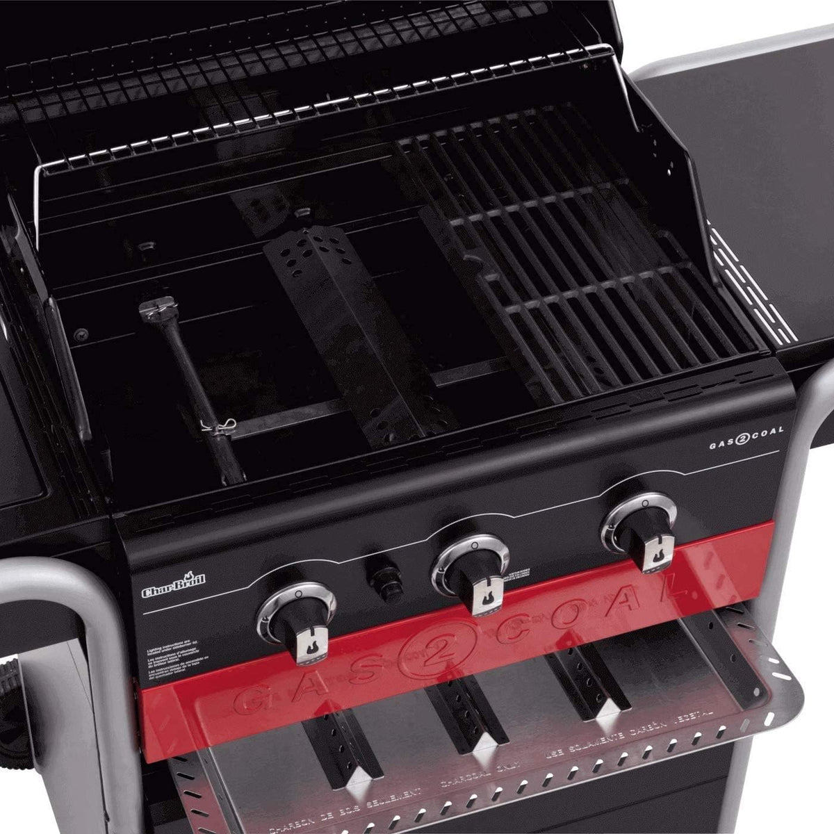 Gas2Coal® Grill hybrydowy: trzy palnikowy grill gazowy i węglowy, czarny.