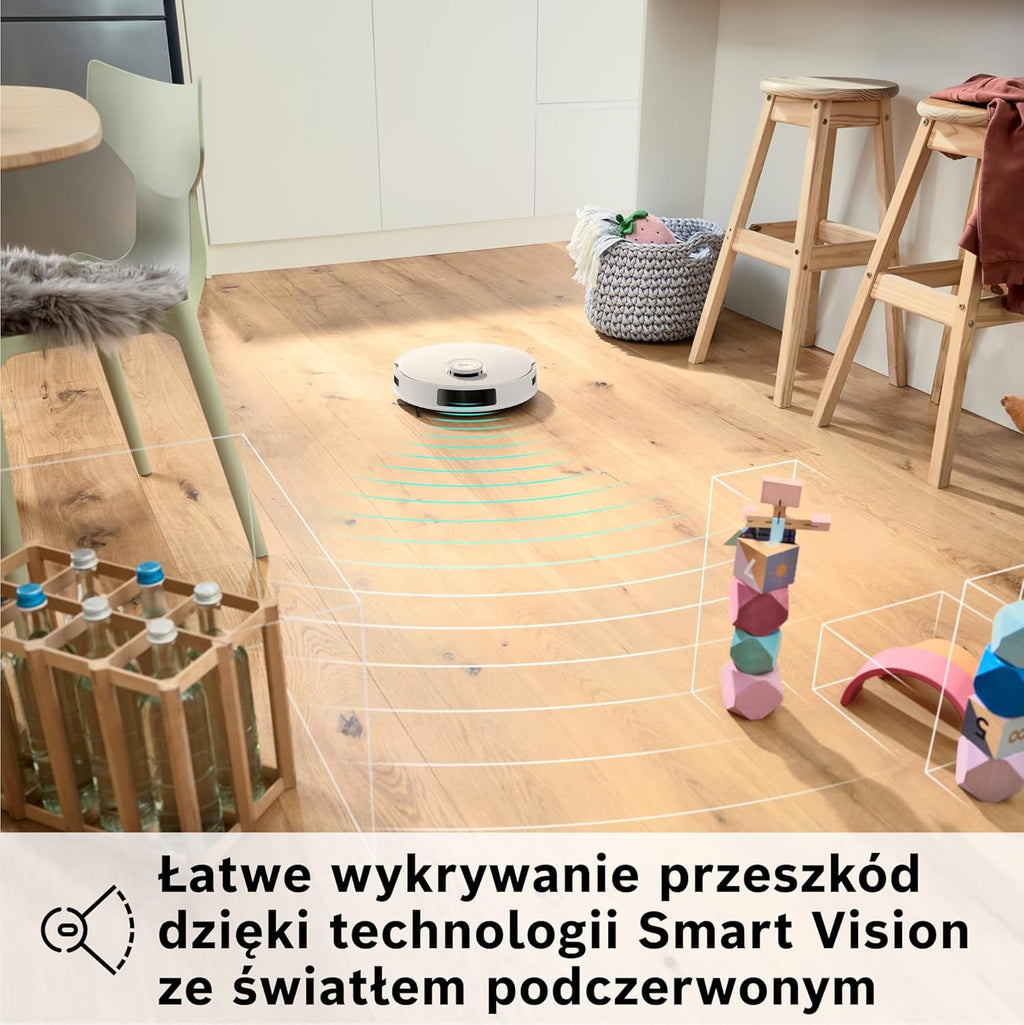 Bosch Spotless+ Robot sprzątający z funkcją mopowania, moc ssania 11 000 Pa, statyczna nakładka mopującą, stacja czyszczącą, nawigacją Smart Vision, aplikacja Bosch Home Connect, BCRD1W, biały