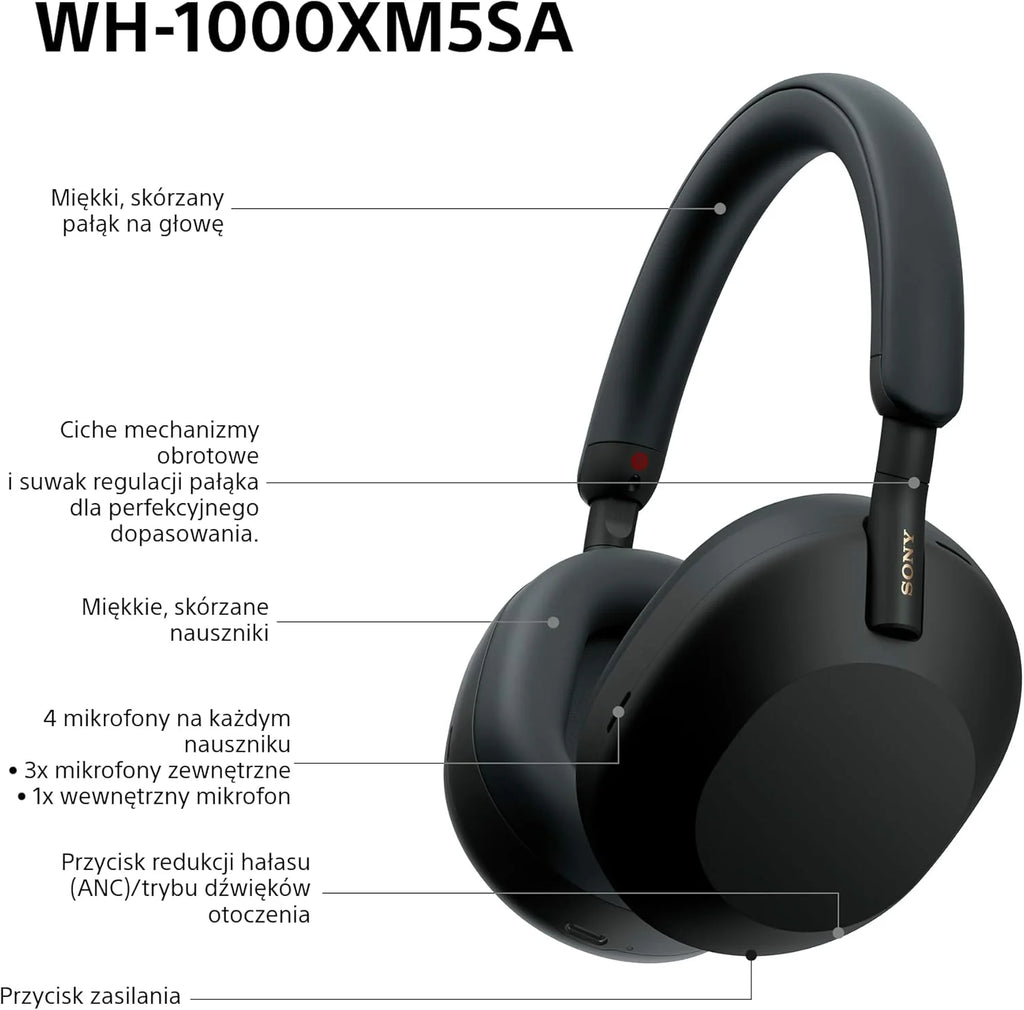 Sony WH-1000XM5 ANC Bezprzewodowe słuchawki nauszne z redukcją hałasu, Bluetooth, krystalicznie czystą jakością rozmów, Hi-Res, do 30 godzin pracy na baterii, szybkie ładowanie, Alexa i Asystent Google, iOS i Android - Czarne