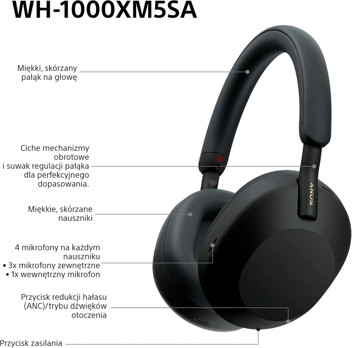 Sony WH-1000XM5 ANC Bezprzewodowe słuchawki nauszne z redukcją hałasu, Bluetooth, krystalicznie czystą jakością rozmów, Hi-Res, do 30 godzin pracy na baterii, szybkie ładowanie, Alexa i Asystent Google, iOS i Android - Czarne