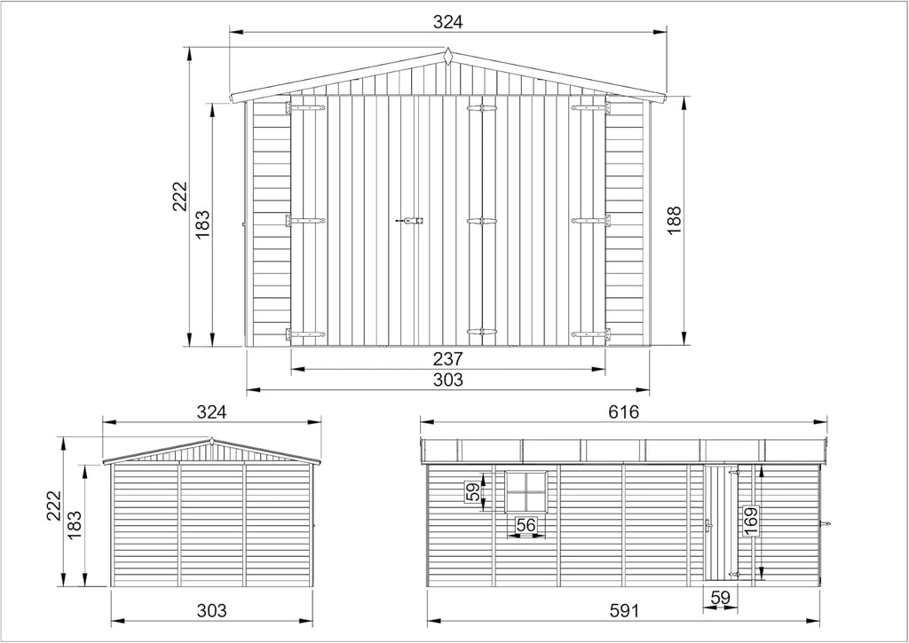 Garaż drewniany naturalny - szopa z drewna sosnowego/świerkowego - A222x616x324 cm / 18 m² - Konstrukcja panelowa - Warsztat ogrodowy - Garaż samochodowy, szopa na narzędzia - TIMBELA M102