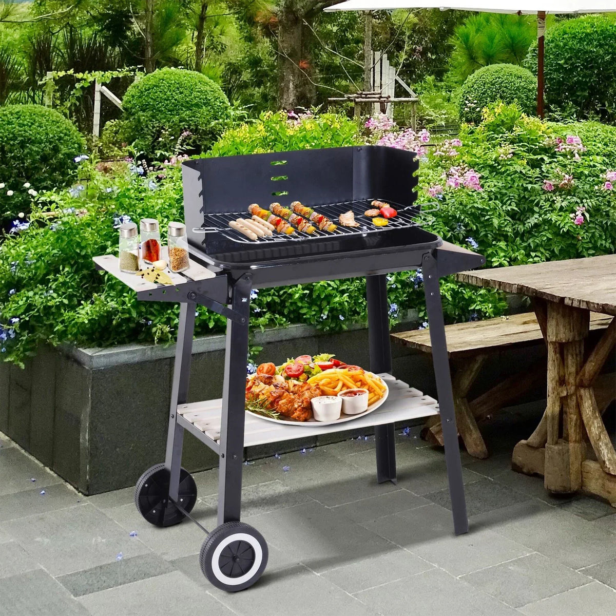 Grill węglowy BBQ z kółkami i półką Outsunny 83x37x87cm czarny