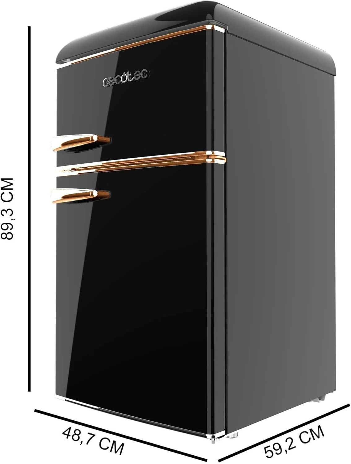 Cecotec Mała Lodówka z Zamrażarką 2 Drzwi Retro 86L Bolero CoolMarket 2D Origin 86 Black E. 89,3cm Wysokości i 48,7cm Szerokości, Klasa Energetyczna E, Komora Mrożąca, Oświetlenie Wewnętrzne i Chromowany Uchwyt, Czarna