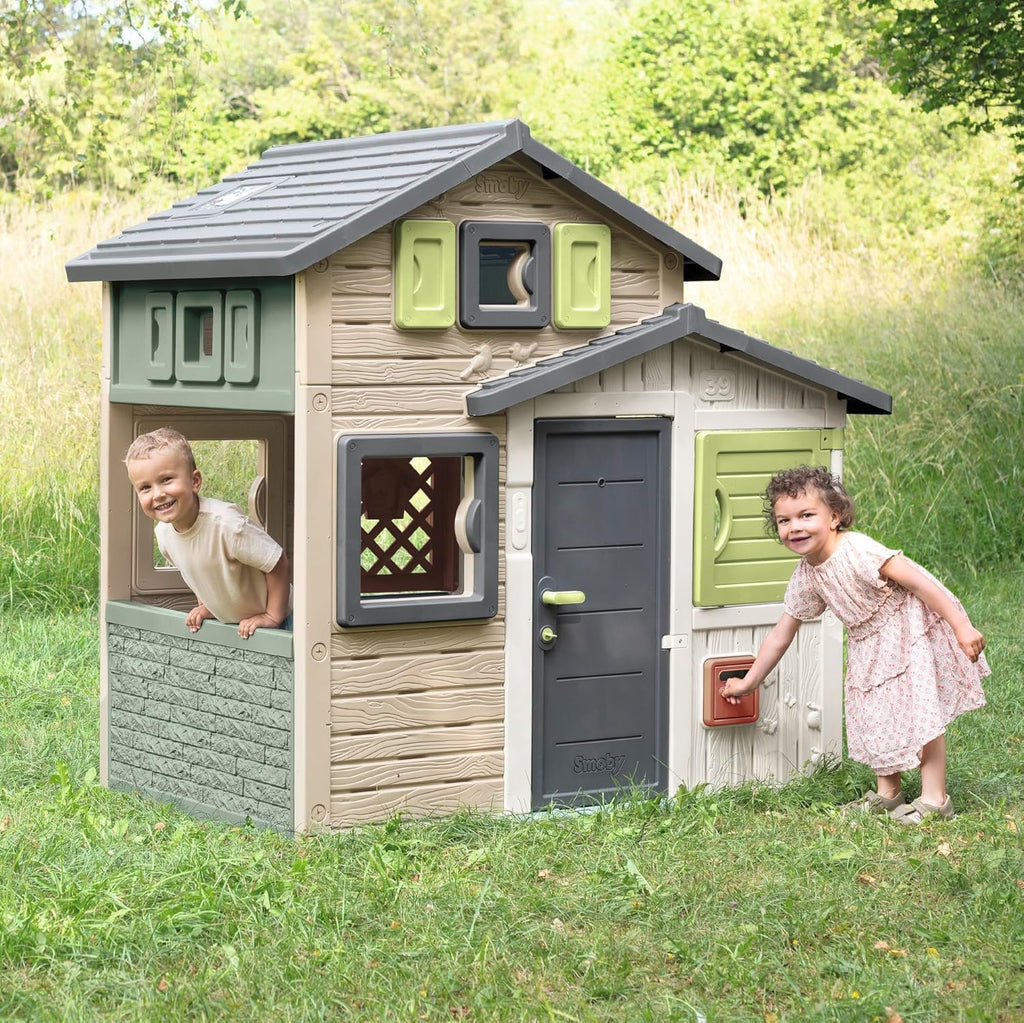 Smoby Life - Domek Ogrodowy Friends House EVO z 2 Drzwiami, 6 Oknami i Wyjmowanym Stołem Piknikowym – Wykonany z Materiałów Recyklingowych, Ochrona UV, dla Dzieci od 3 Lat (7600810208)