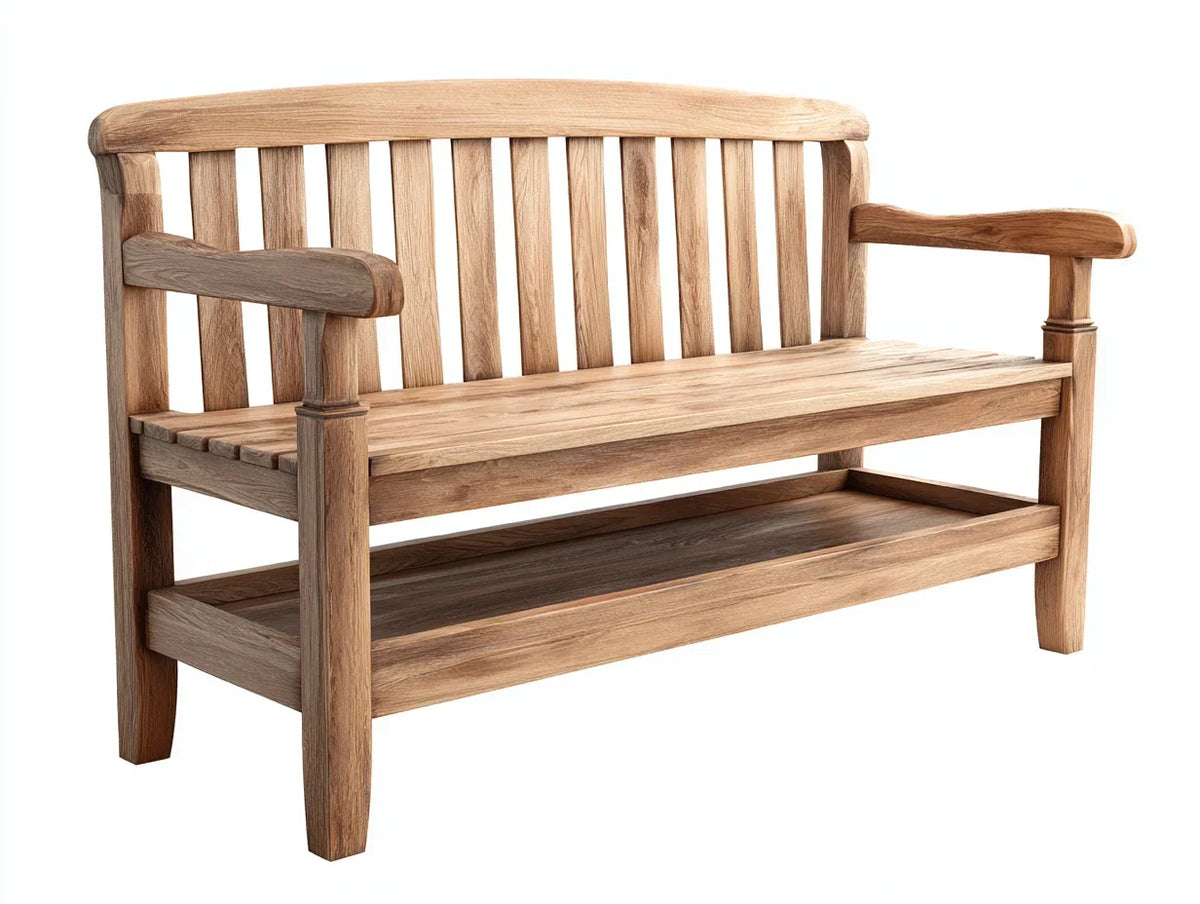Ławka ogrodowa z litego drewna z podłokietnikami i półką 150x60x90 cm - brązowa - naturalny styl na zewnątrz