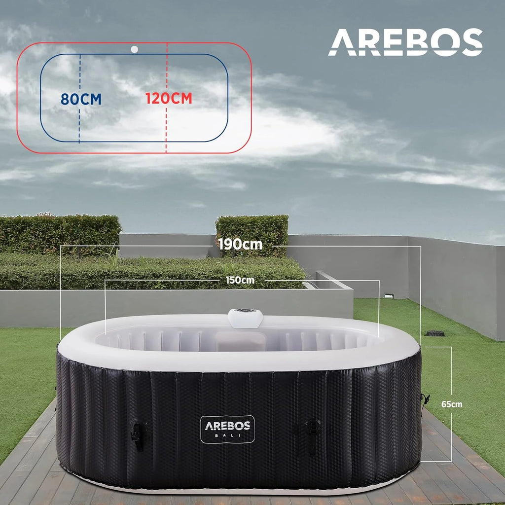 Arebos Wanna z hydromasażem z oświetleniem LED | Dmuchane SPA | Do użytku wewnętrznego i zewnętrznego | 190x120 cm owalna | 2 osoby | 90 dysz masujących | Z ogrzewaniem | 550 litrów | W zestawie pokrywa