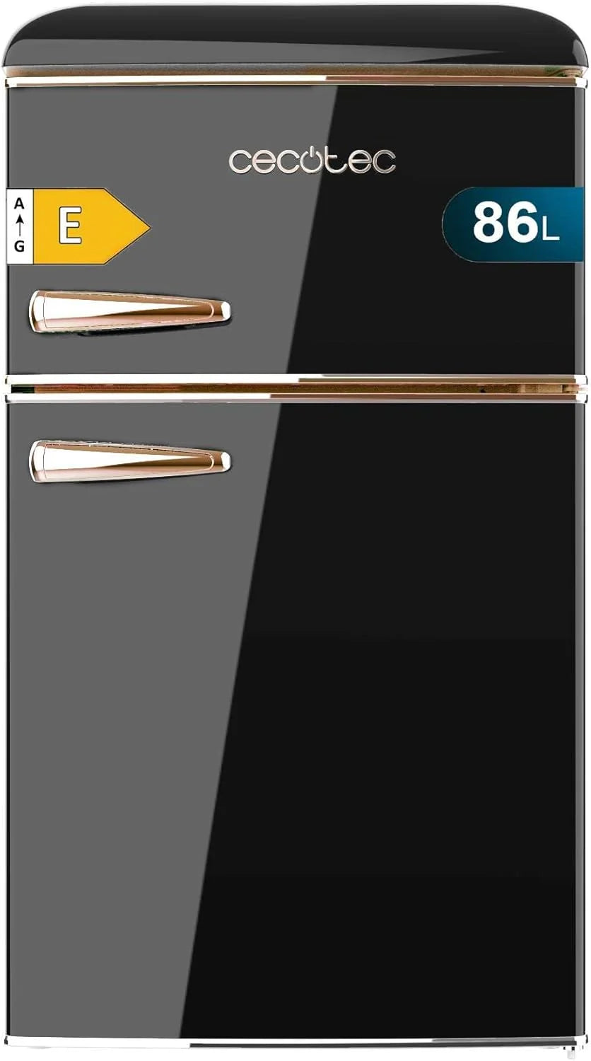 Cecotec Mała Lodówka z Zamrażarką 2 Drzwi Retro 86L Bolero CoolMarket 2D Origin 86 Black E. 89,3cm Wysokości i 48,7cm Szerokości, Klasa Energetyczna E, Komora Mrożąca, Oświetlenie Wewnętrzne i Chromowany Uchwyt, Czarna