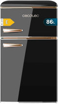 Cecotec Mała Lodówka z Zamrażarką 2 Drzwi Retro 86L Bolero CoolMarket 2D Origin 86 Black E. 89,3cm Wysokości i 48,7cm Szerokości, Klasa Energetyczna E, Komora Mrożąca, Oświetlenie Wewnętrzne i Chromowany Uchwyt, Czarna