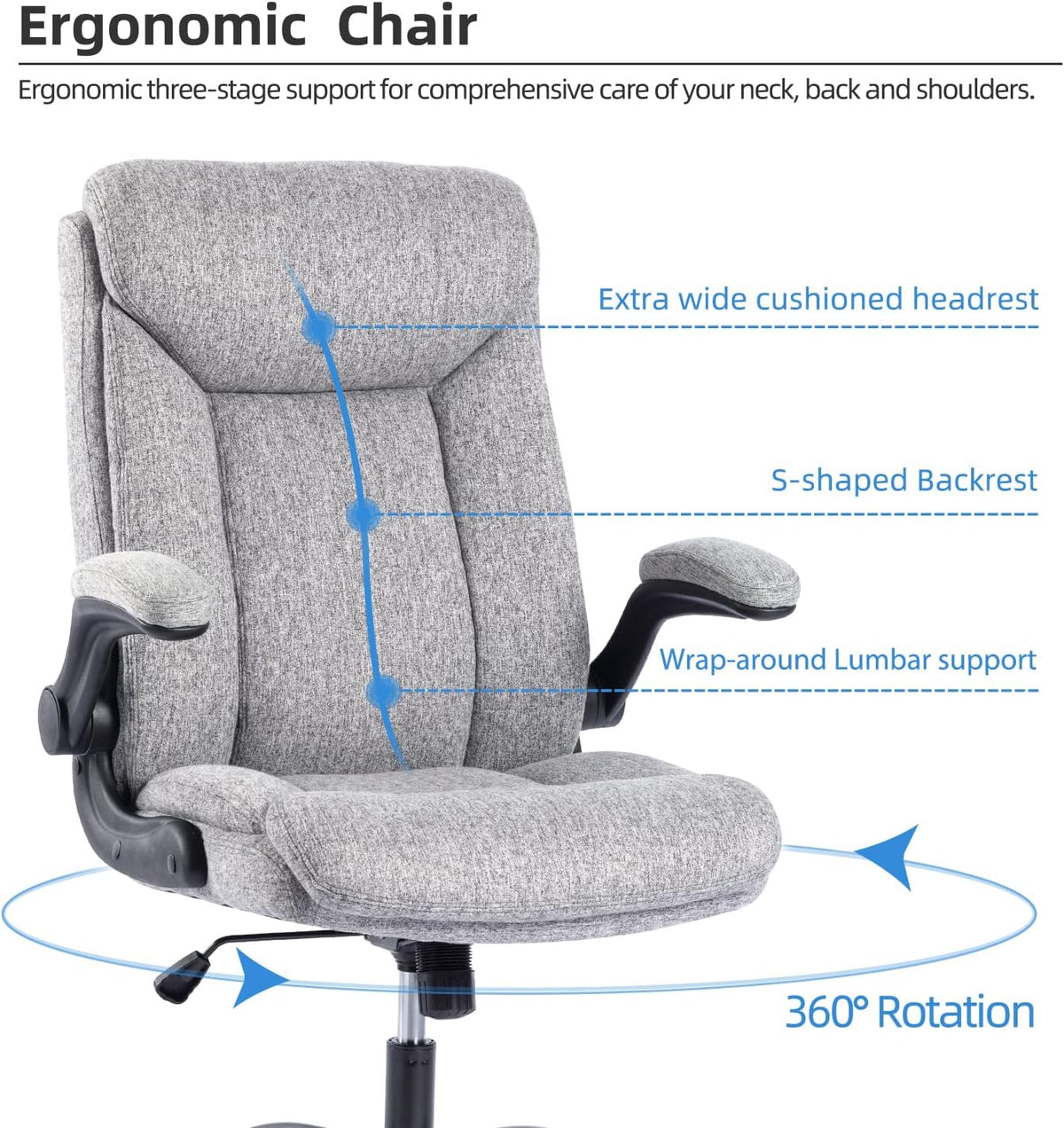 Ergonomiczne krzesło biurowe, krzesło do komputera, obrotowe krzesło robocze ze składanym podłokietnikami, regulacja wysokości, wygodne, do biura, domu, gier (szary materiał) (Czarny)