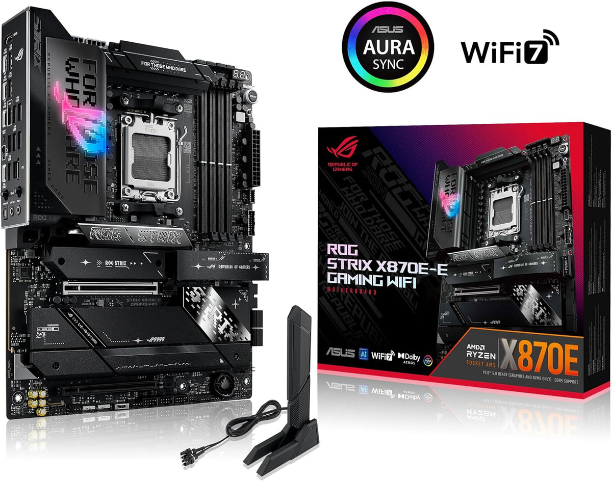 ASUS ROG Strix X870E-E do gier WiFi płyta główna AMD, 18 + 2 stopnie zasilania, gniazdo DDR5, pięć gniazd M.2, PCIe 5.0, procesor graficzny nowej generacji, WiFi 7, USB 20G z PD 3.0 do 30 W, Aura Sync