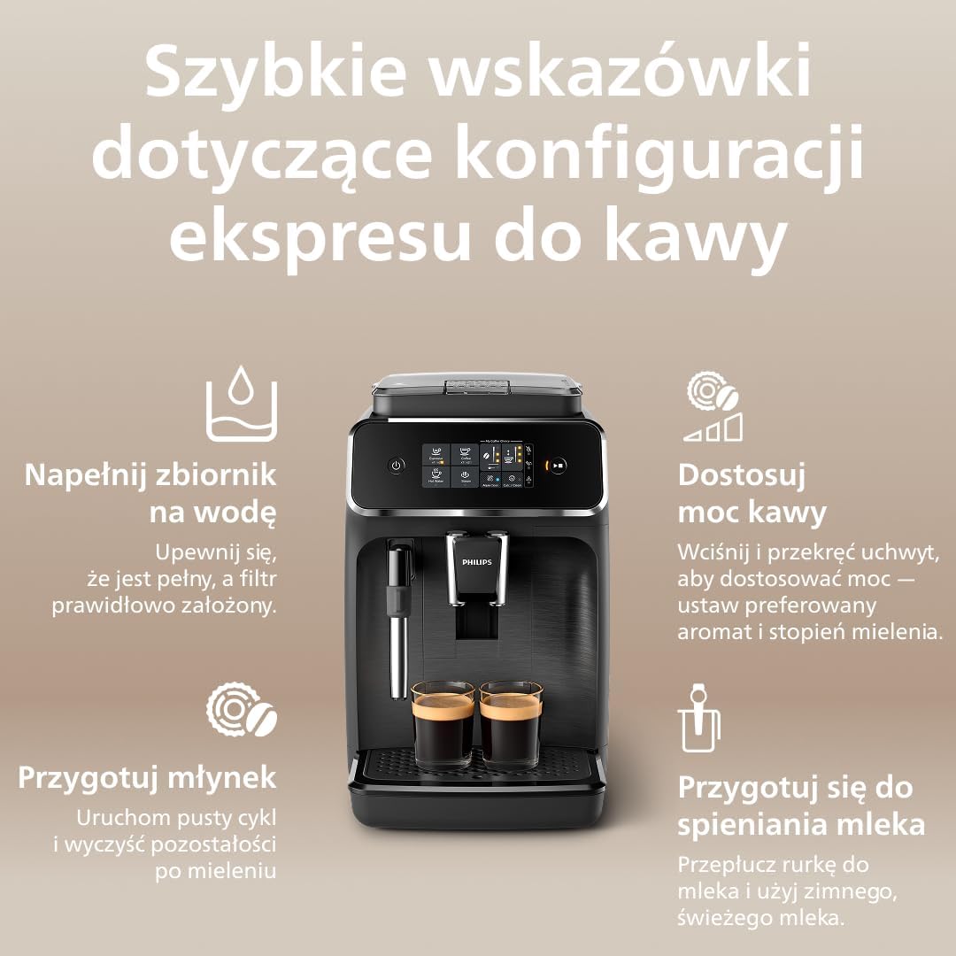 Philips 2200 Series Automatyczny ekspres do kawy - 2 rodzaje kawy, wyświetlacz dotykowy, klasyczny spieniacz do mleka, ceramiczny młynek, matowa czerń (EP2220/10)