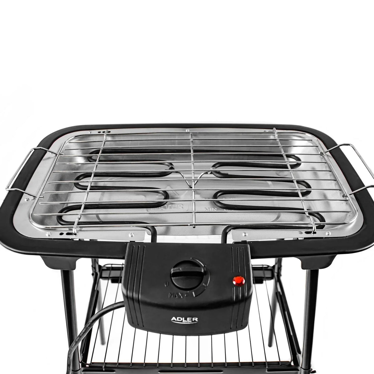 Grill elektryczny z podstawką, chromowany ruszt, regulacja temperatury, do użytku wewnątrz/na zewnątrz, odłączany, czarny, 2000 W Adler AD 6602