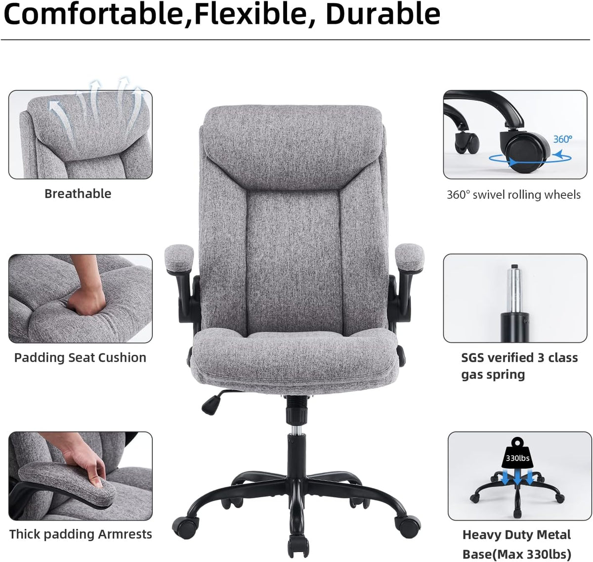 Ergonomiczne krzesło biurowe, krzesło do komputera, obrotowe krzesło robocze ze składanym podłokietnikami, regulacja wysokości, wygodne, do biura, domu, gier (szary materiał) (Czarny)