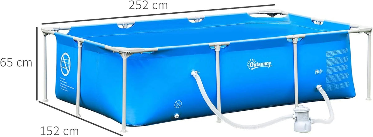 Outsunny Basen Rozporowy 252x152x65 cm z Pompą Filtrującą 1200L/H Prostokątny Basen Ogrodowy dla Dorosłych i Dzieci 2163L Niebieski