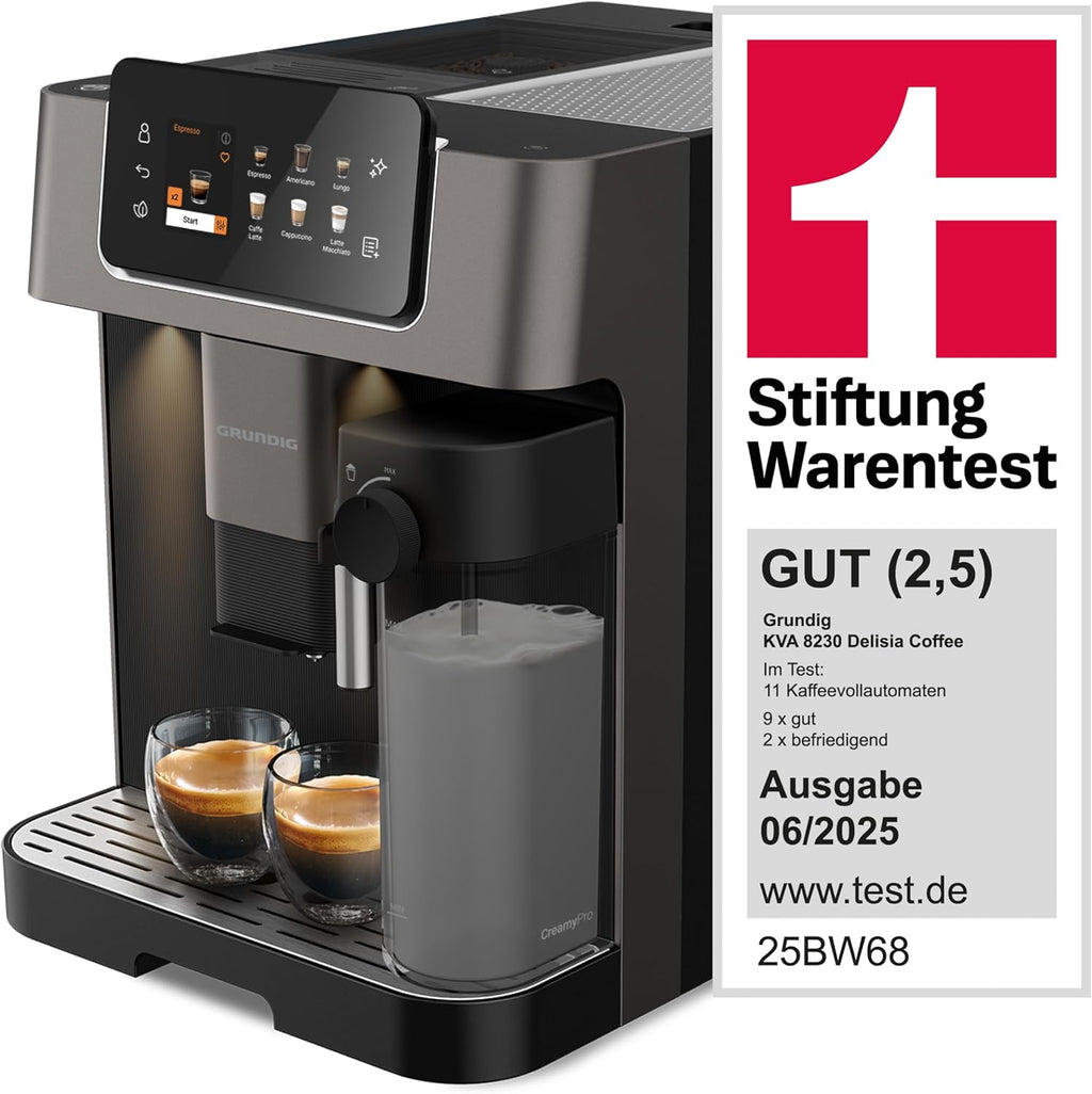 Grundig KVA 7230 ekspres do kawy, 10 specjałów do kawy, 13 stopni mielenia, pojemnik na mleko, wydajny 1350 W, ciśnienie pompy 19 bar, podwójna dysza, oświetlenie, czarny/ciemny srebrny